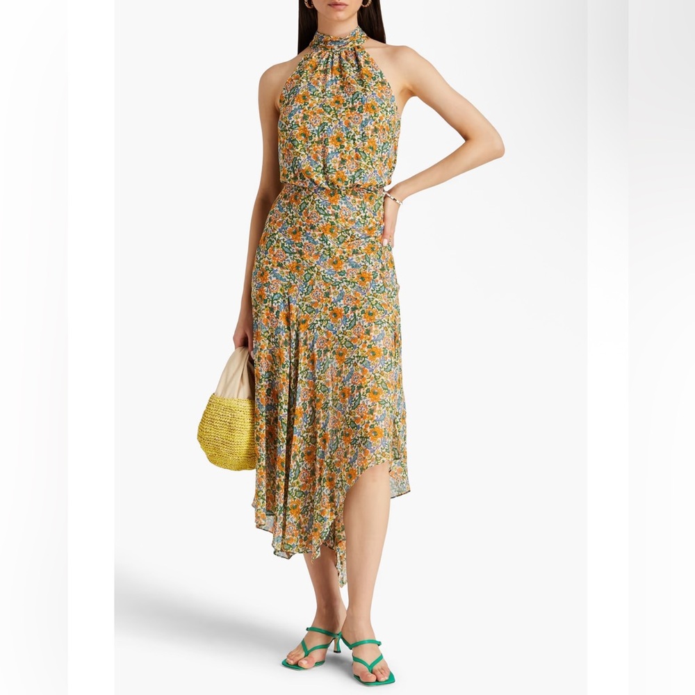 Veronica Beard Leia midi dress with a halter neck and handkerchief hem
